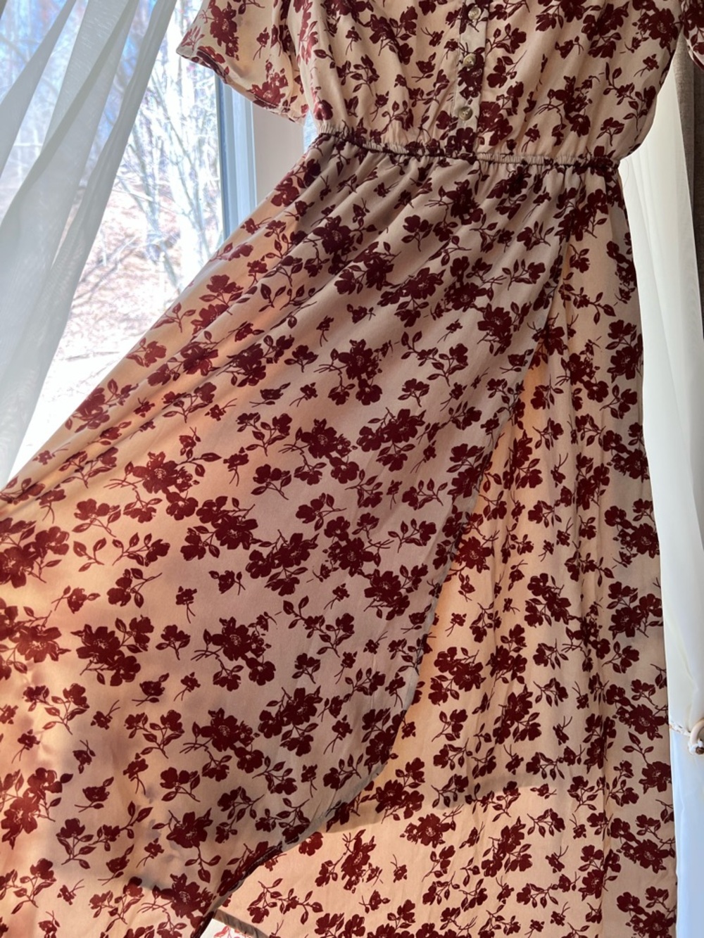 Floral V-Neck Maxi Dress in Cream with Burgundy Print - Picture 4 of 7